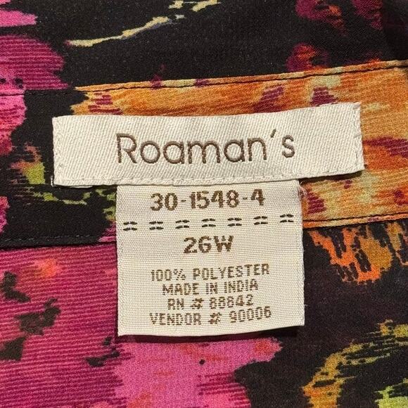 Roamans Top 3/4 Sleeve Sheer Floral Cottage Boho Romantic Button Up Black 26W - Picture 3 of 4